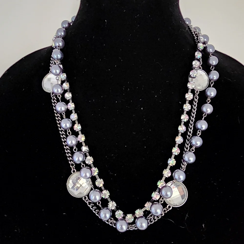 Y2K statement layered necklace orchid purple colored rhinestones gunmetal chain